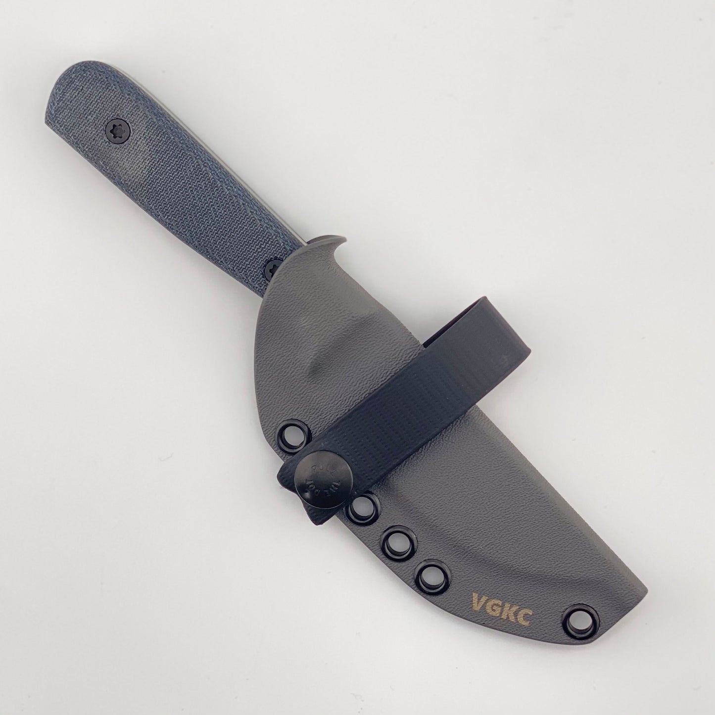 denim blue handled knife with a gray sheath on a white background