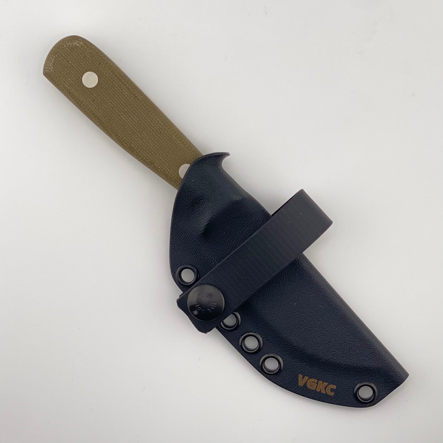 Green knife with a black sheath on a white background