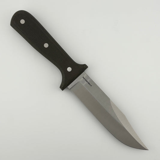 Knife with a dark green handle on a light gray background