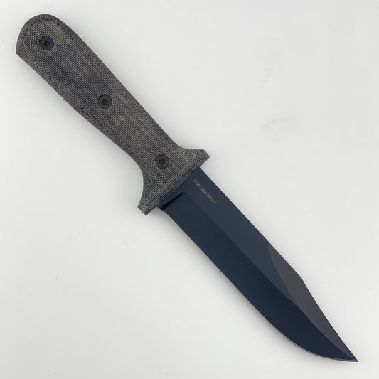 Black knife with black textured handle on a white background