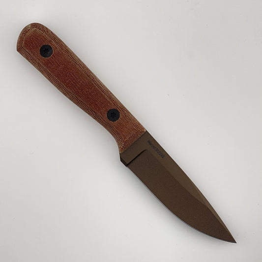 Bronze fixed blade knife with brown handles on a white background