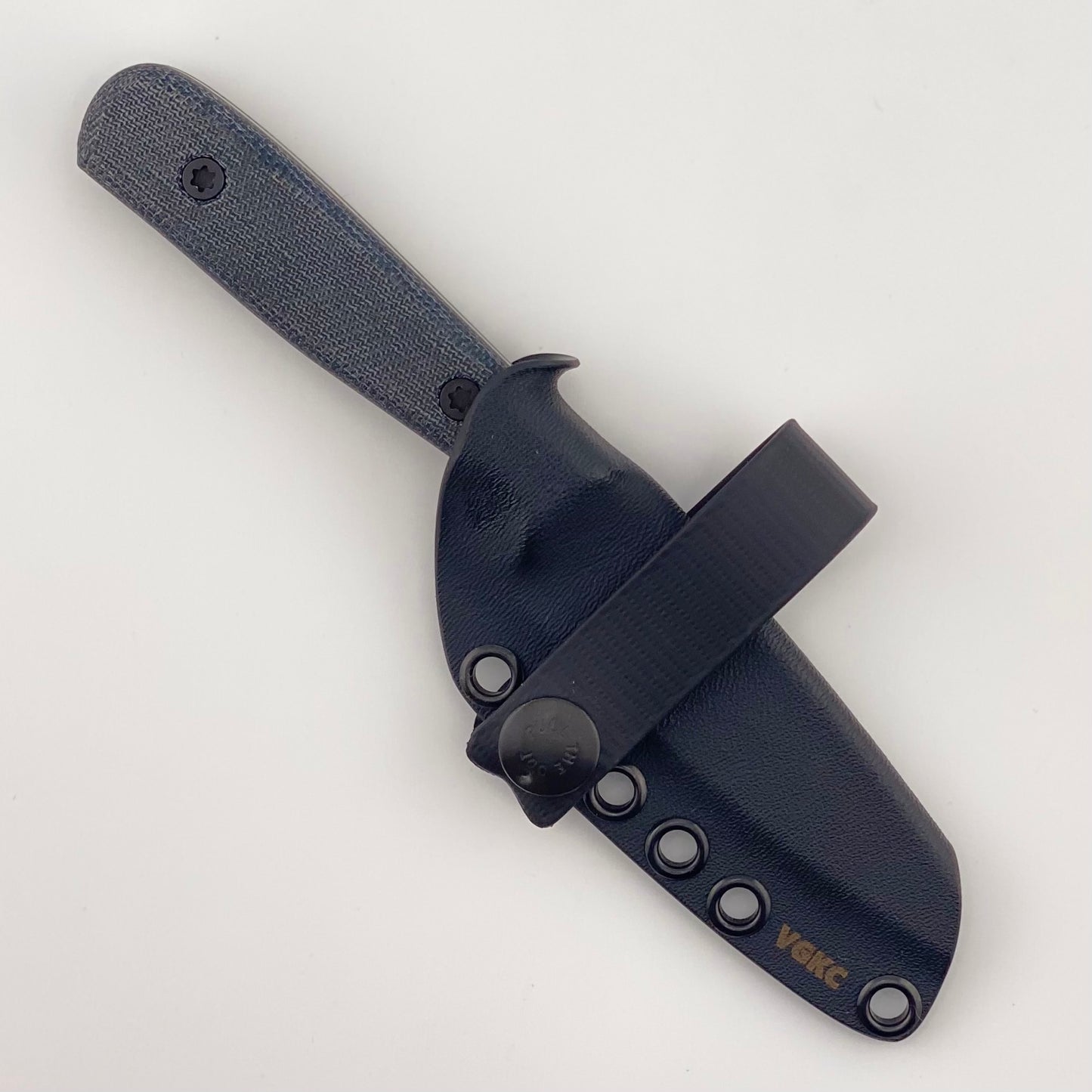 Denim Blue handled knife in a black sheath on a white background