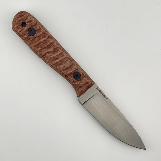 Fixed blade knife with a brown handle on a white background