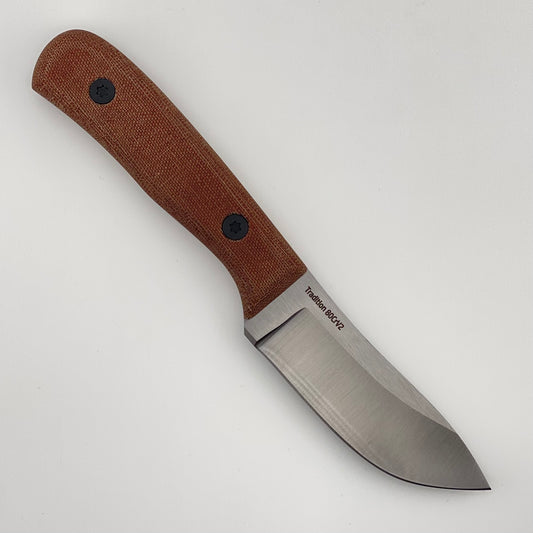 Fixed blade knife with a brown handle on a white background