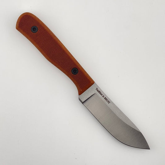Fixed blade knife with brown handle on white background