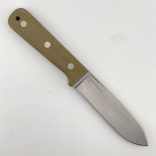 Fixed blade knife with a green handle on a white background