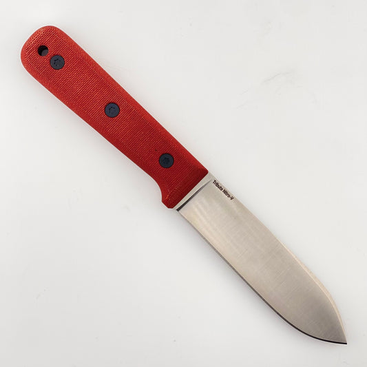 Fixed blade knife with red handles on a white background