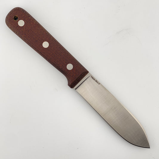 Fixed blade knife with brown burlap handles on a white background