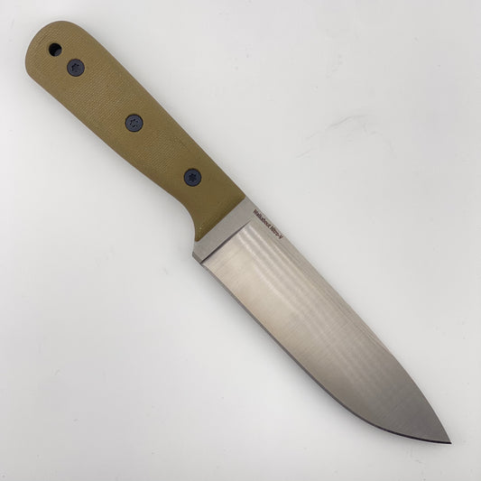 Fixed blade knife with green handles on a white background