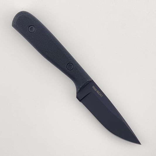 Black knife with a black textured handle on a light gray background