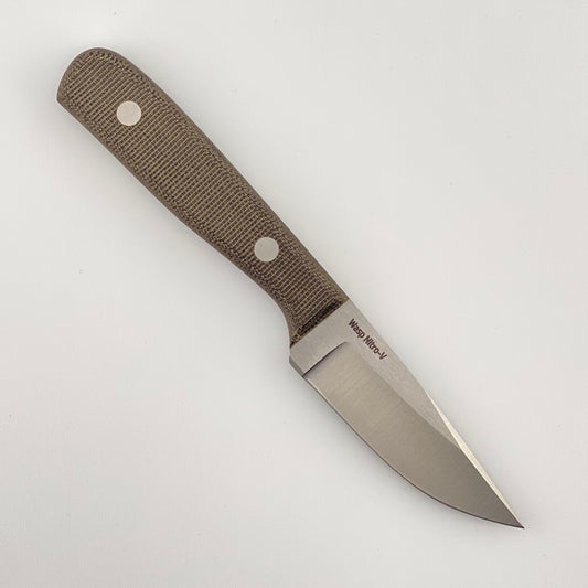 Fixed blade knife with dark green handles on a white background