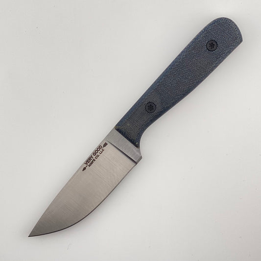 Denim blue handled knife on a white background