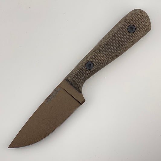 bronze knife with a dark green handle on a white background