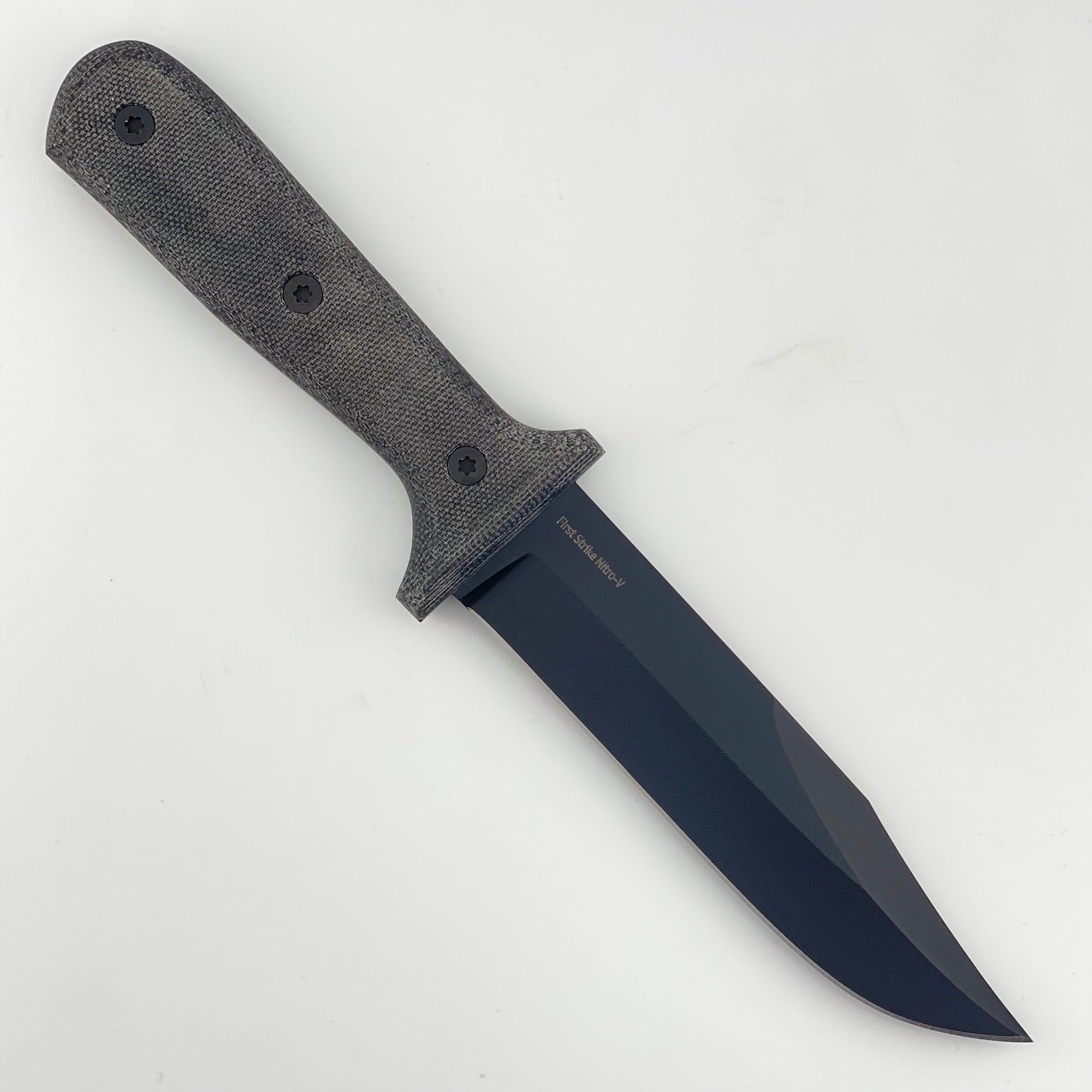 Black knife with black textured handle on a white background