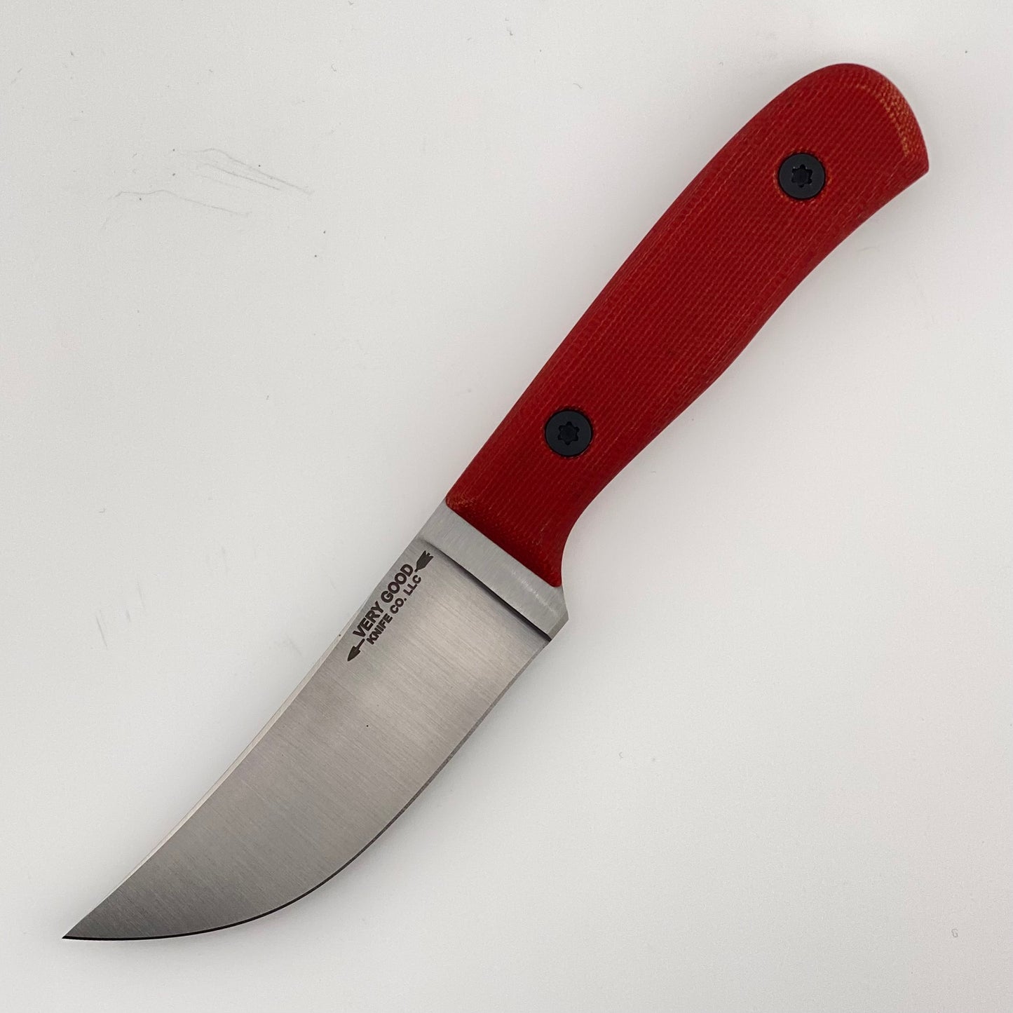 Fixed blade knife with red handle on white background