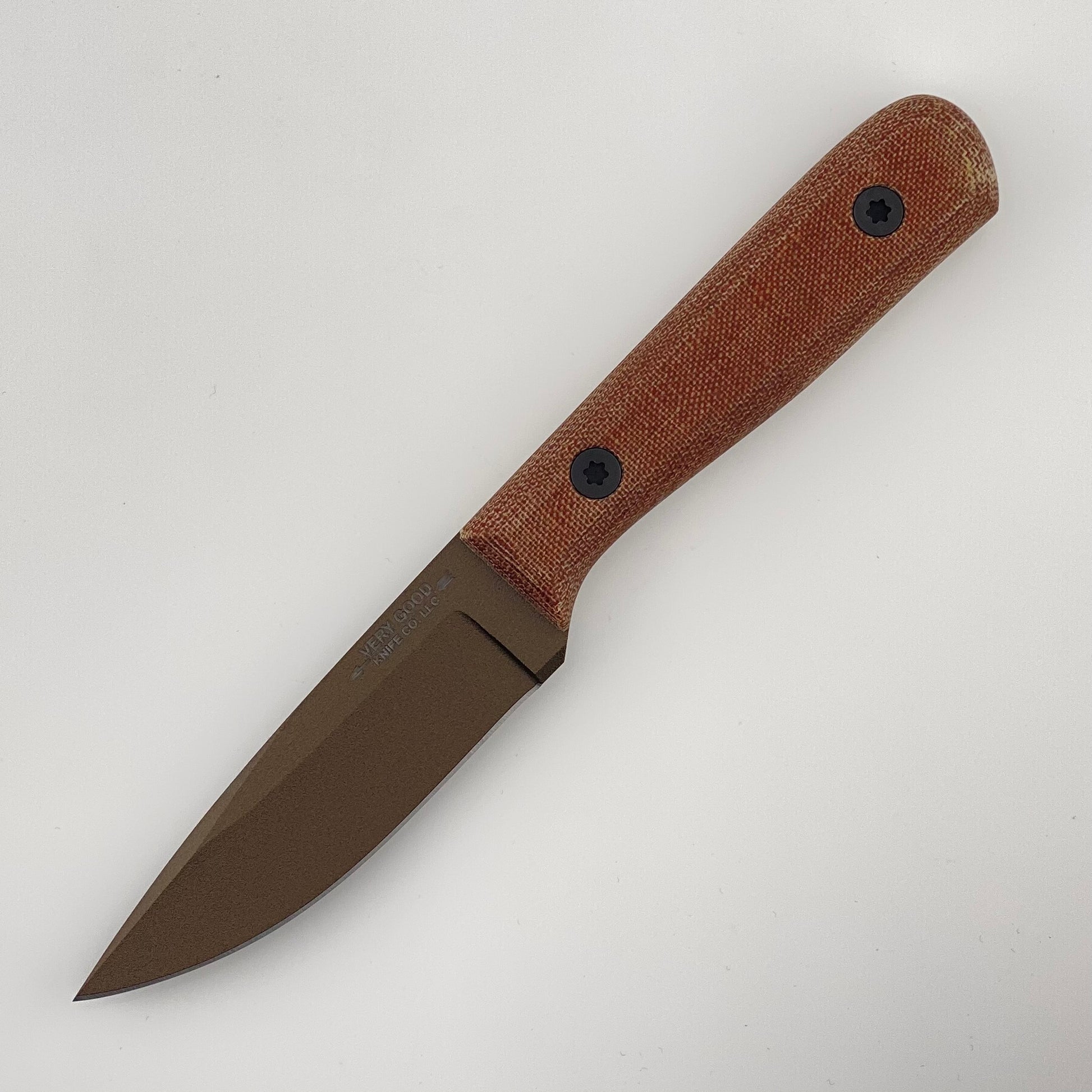 Bronze fixed blade knife with brown handles on a white background