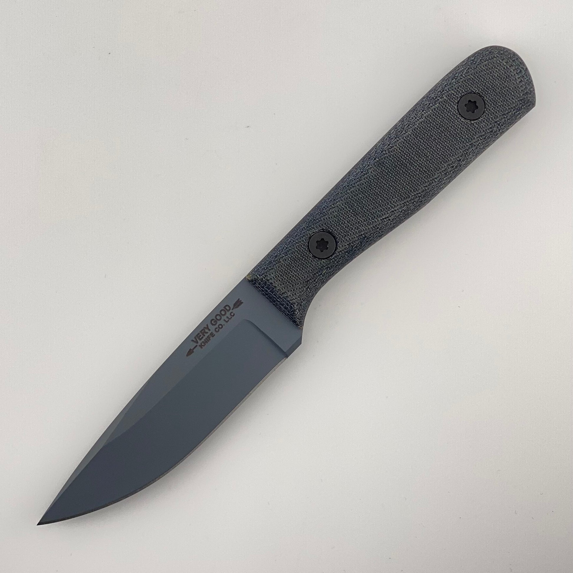 Gray fixed blade knife with denim blue handles on a white background