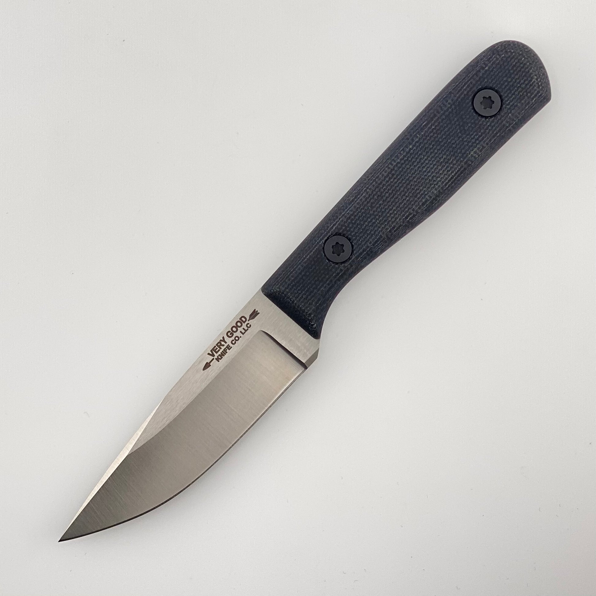 Fixed blade knife with a black handle on a white background 