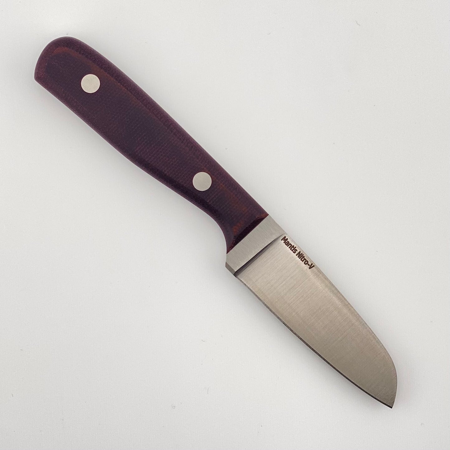 Stainless steel knife with a purple micarta handle on a white background