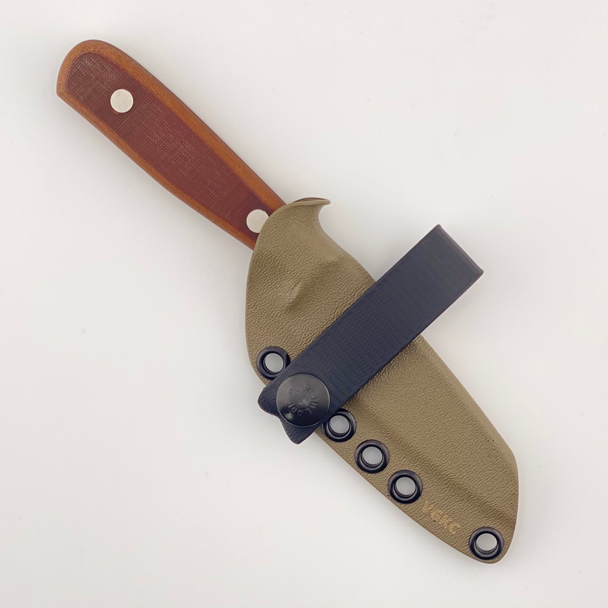 Knife with a brown handle in a tan sheath on a white background