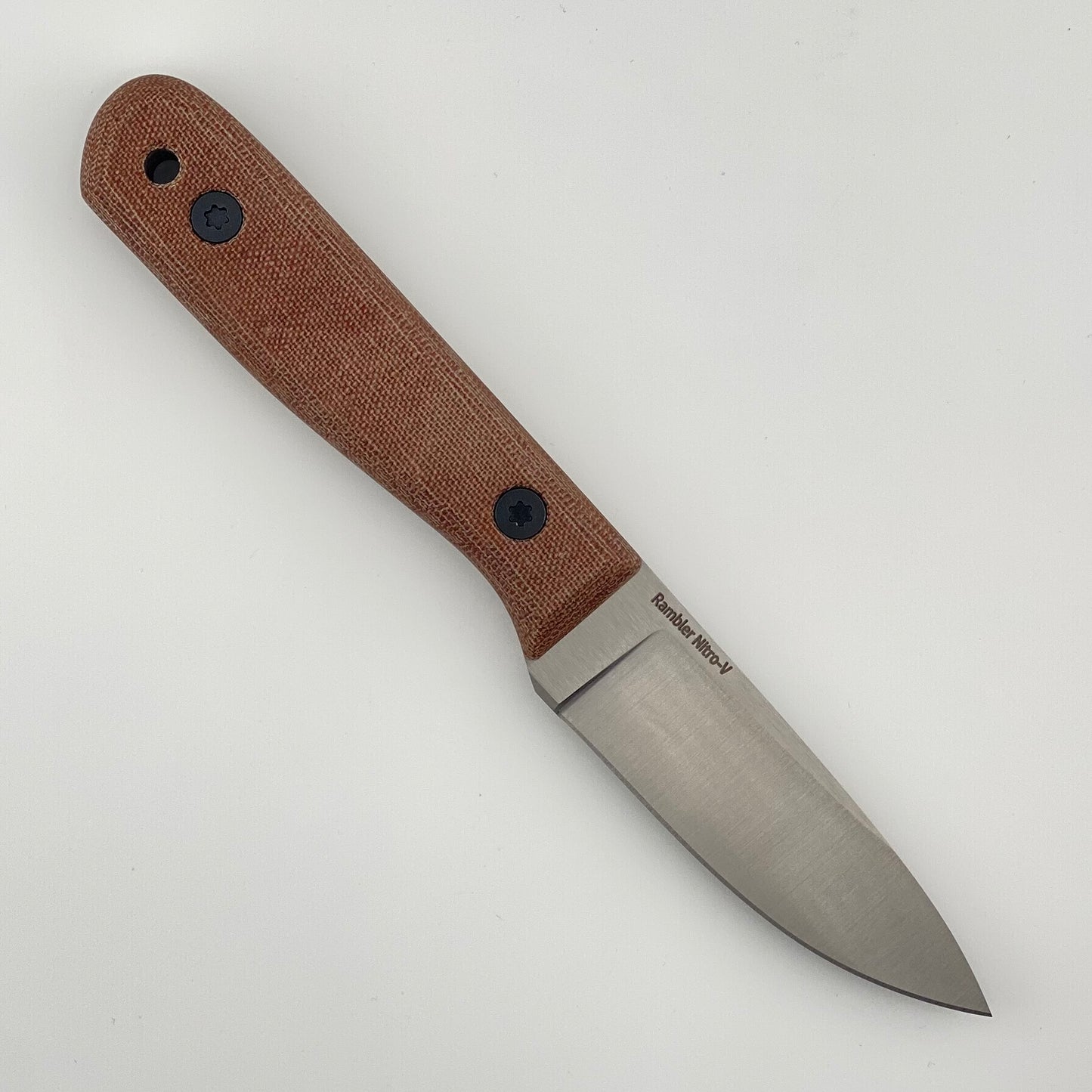 Fixed blade knife with a brown handle on a white background