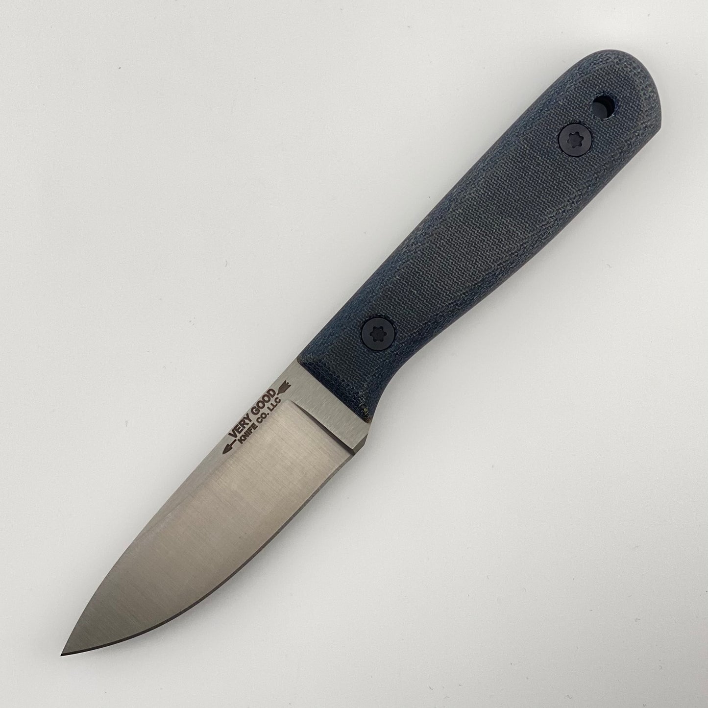 Fixed blade knife with denim blue handle on a white background