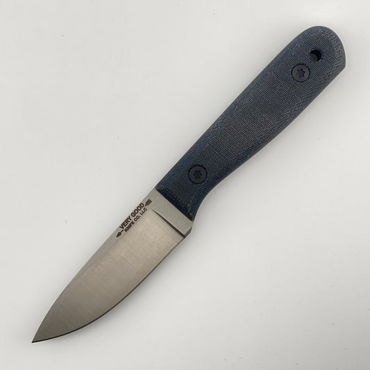 Fixed blade knife with denim blue handle on a white background
