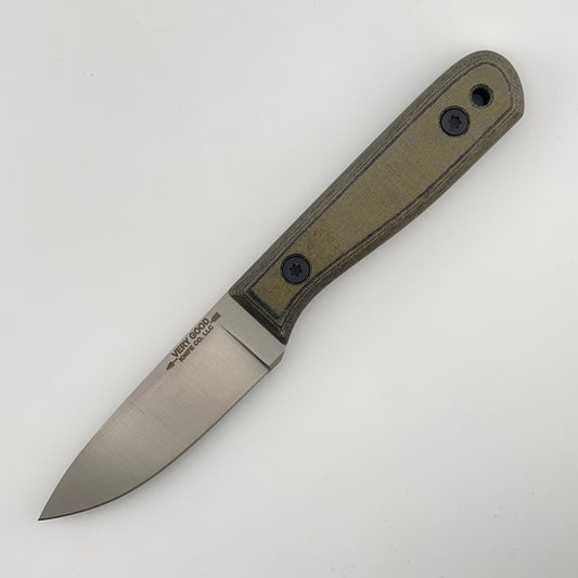 Fixed blade knife with a green and black handle on a white background