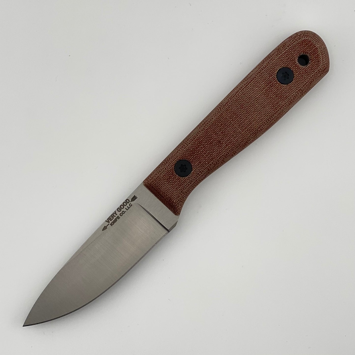 Fixed blade knife with a brown handle on a white background