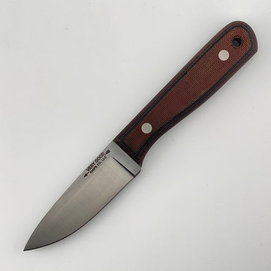 Knife with a brown and black handle on a white background