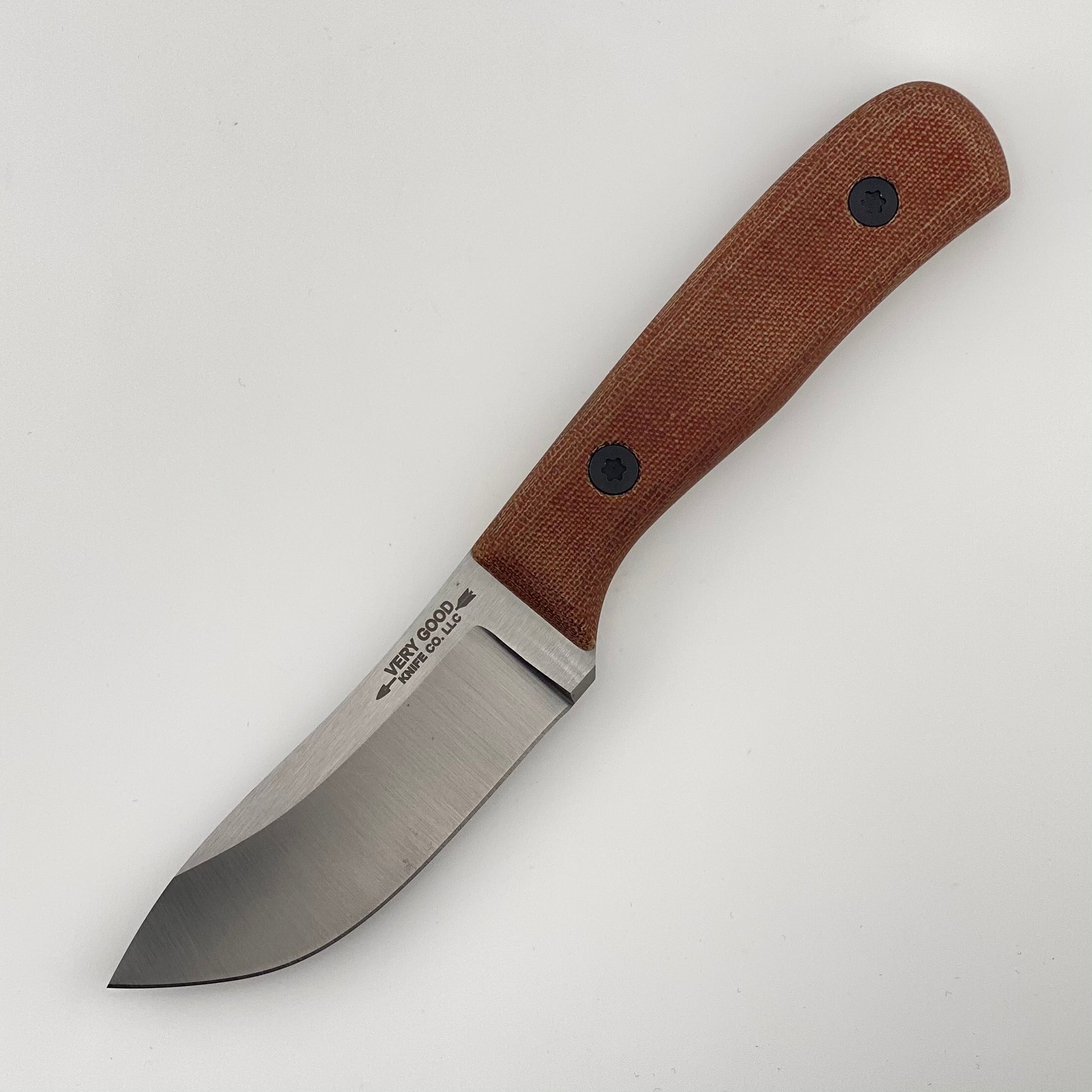 Fixed blade knife with a brown handle on a white background