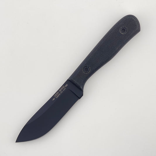 Fixed blade black knife with a textured black handle on a white background