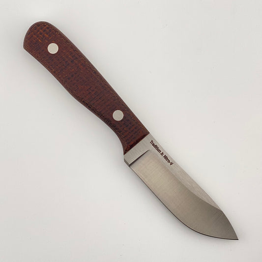 Fixed blade knife with a brown burlap handle on a white background