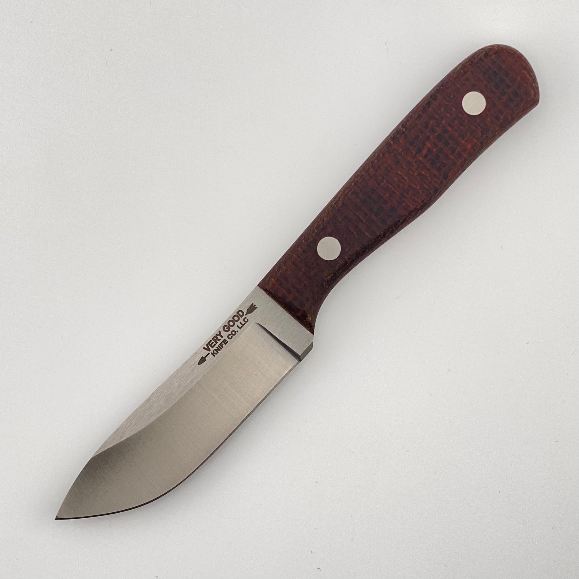 Fixed blade knife with a brown burlap handle on a white background
