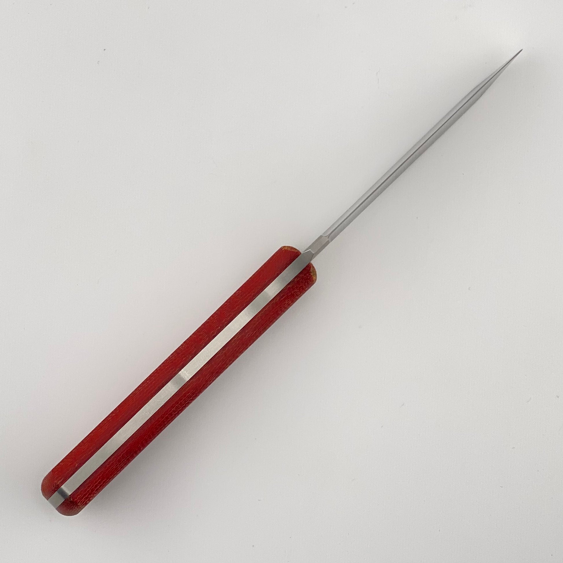 Fixed blade knife with red handles on a white background