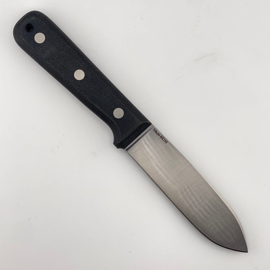 Fixed blade knife with a black handle on a white background