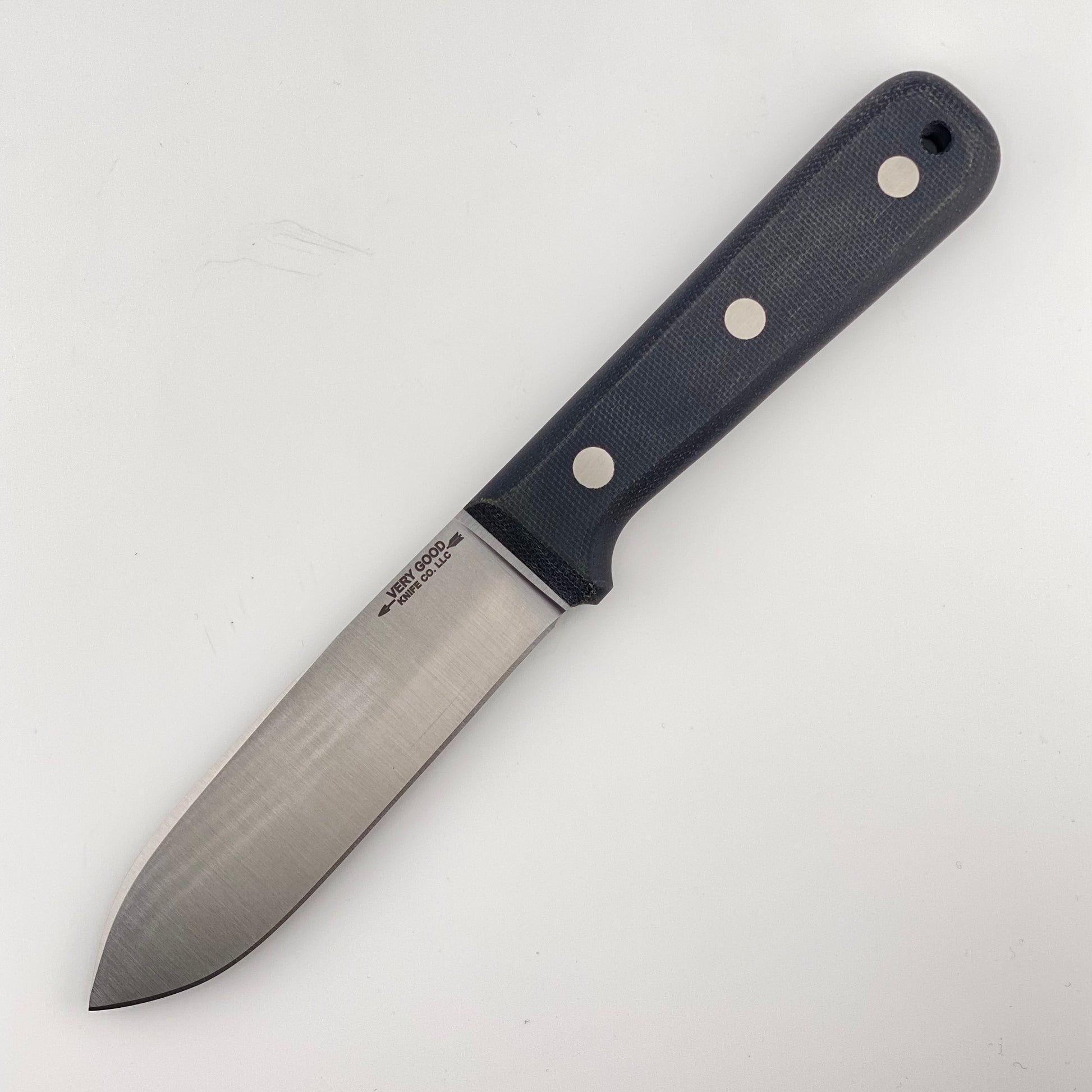 Fixed blade knife with a black handle on a white background