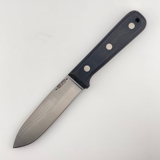 Fixed blade knife with a black handle on a white background