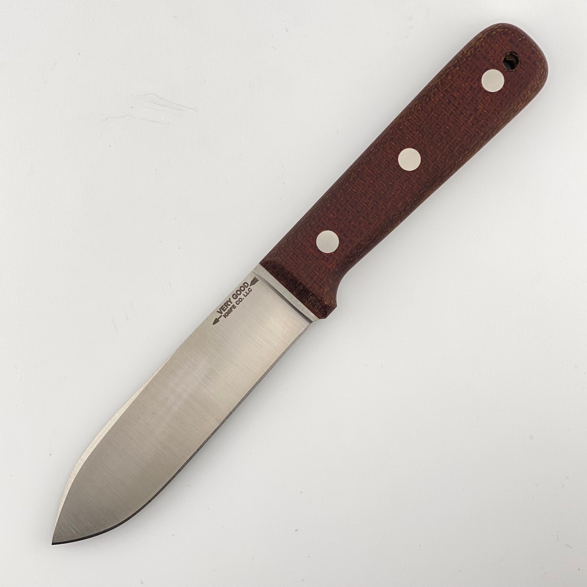 Fixed blade knife with a brown burlap handles on a white background 