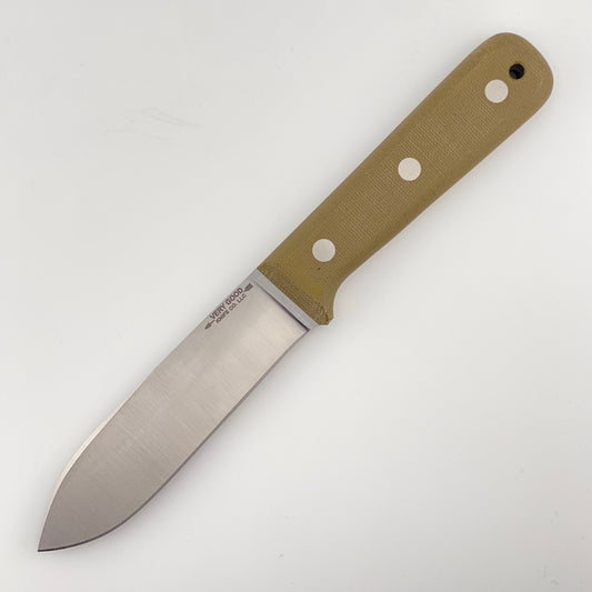 Fixed blade knife with a green handle on a white background