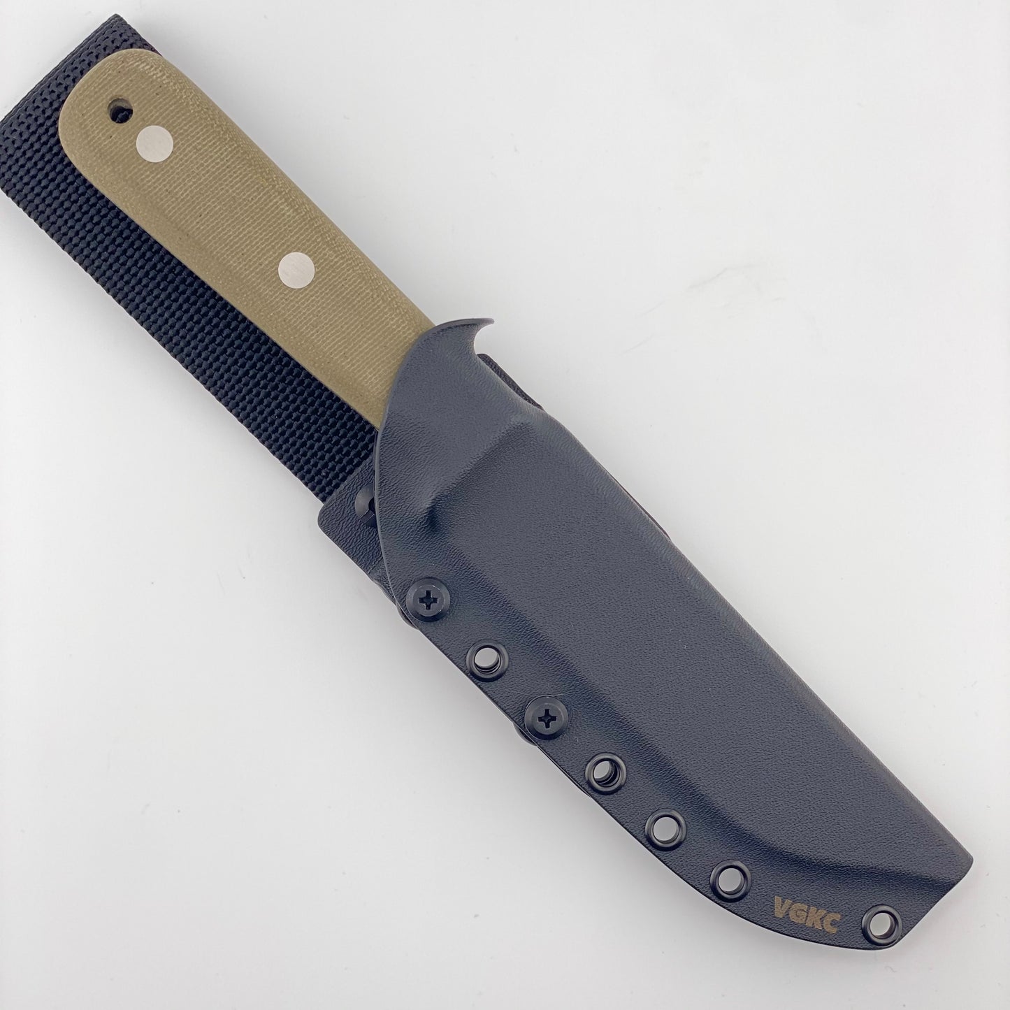 Green handled fixed blade knife in a black sheath on a white background