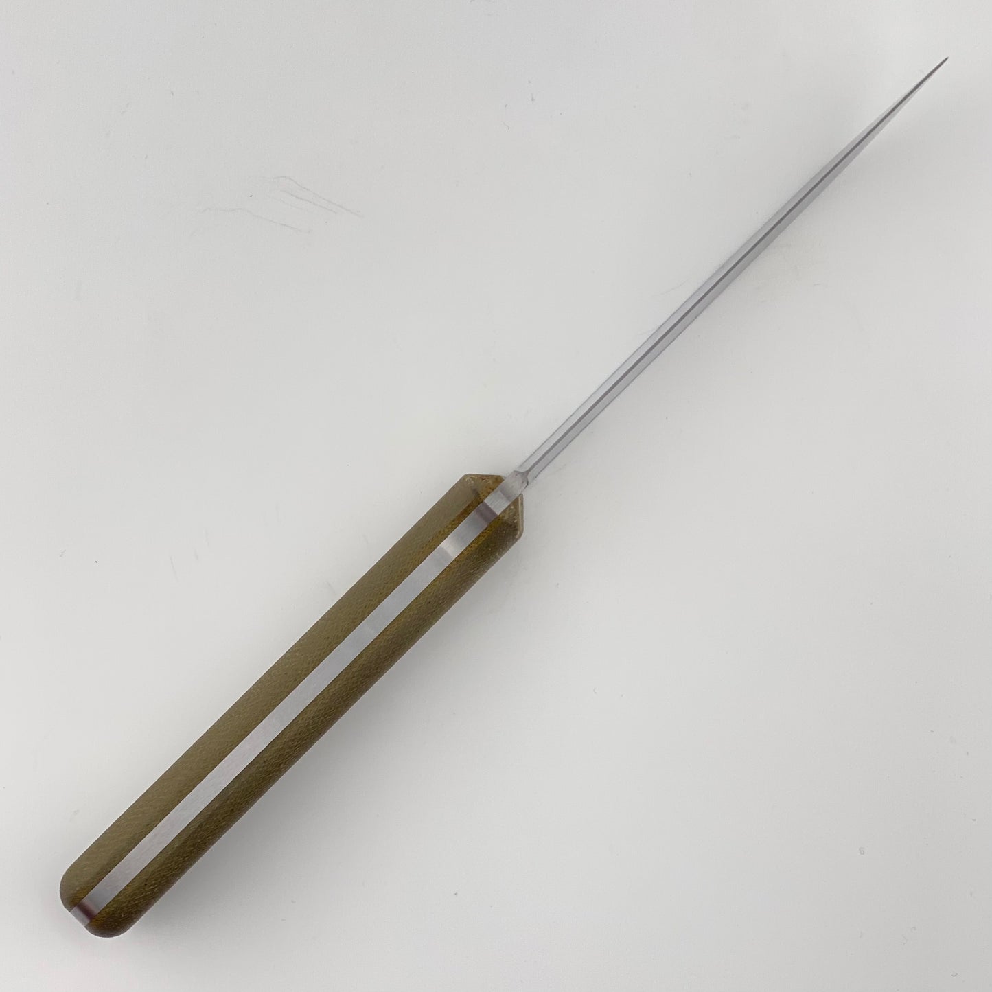 Fixed blade knife with green handles on a white background