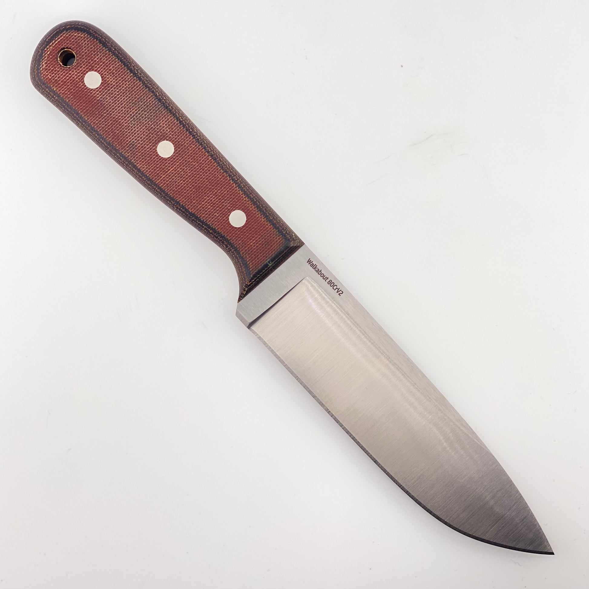 Fixed blade knife with orange and black handles on a white background