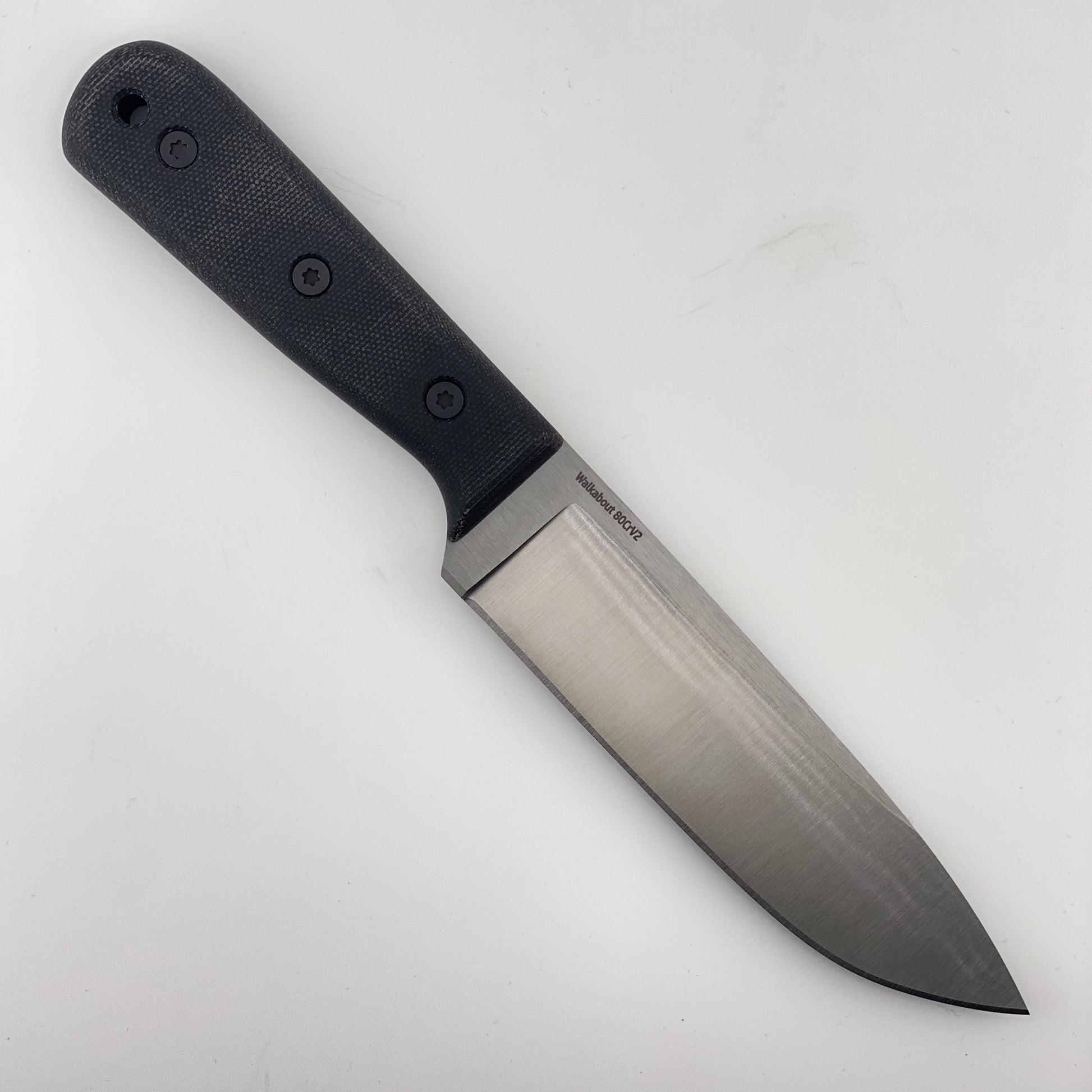 Fixed blade knife with black handles on a white background