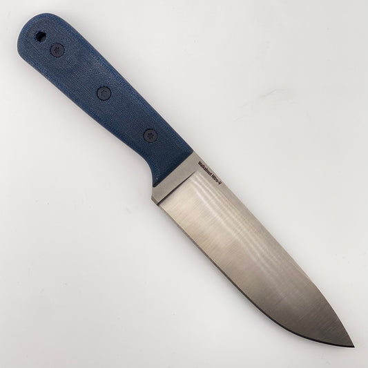 Fixed blade knife with denim blue handles on a white background