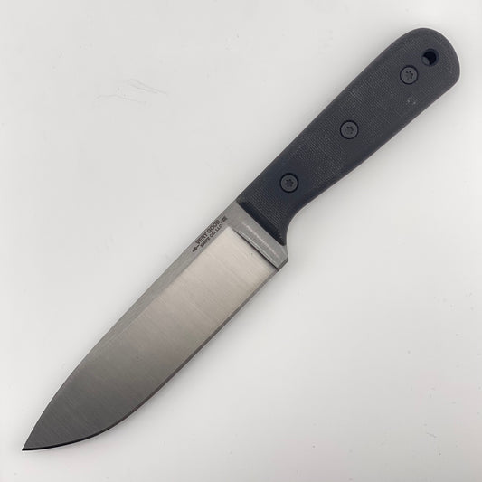 Fixed blade knife with black handles on a white background