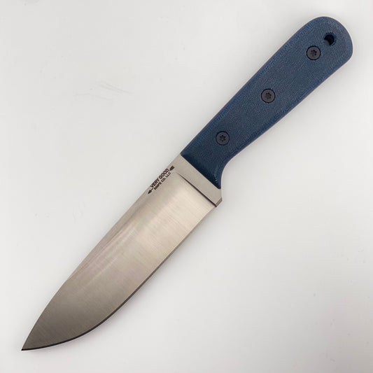Fixed blade knife with denim blue handles on a white background