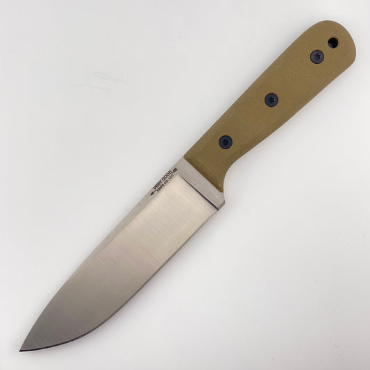 Fixed blade knife with green handles on a white background