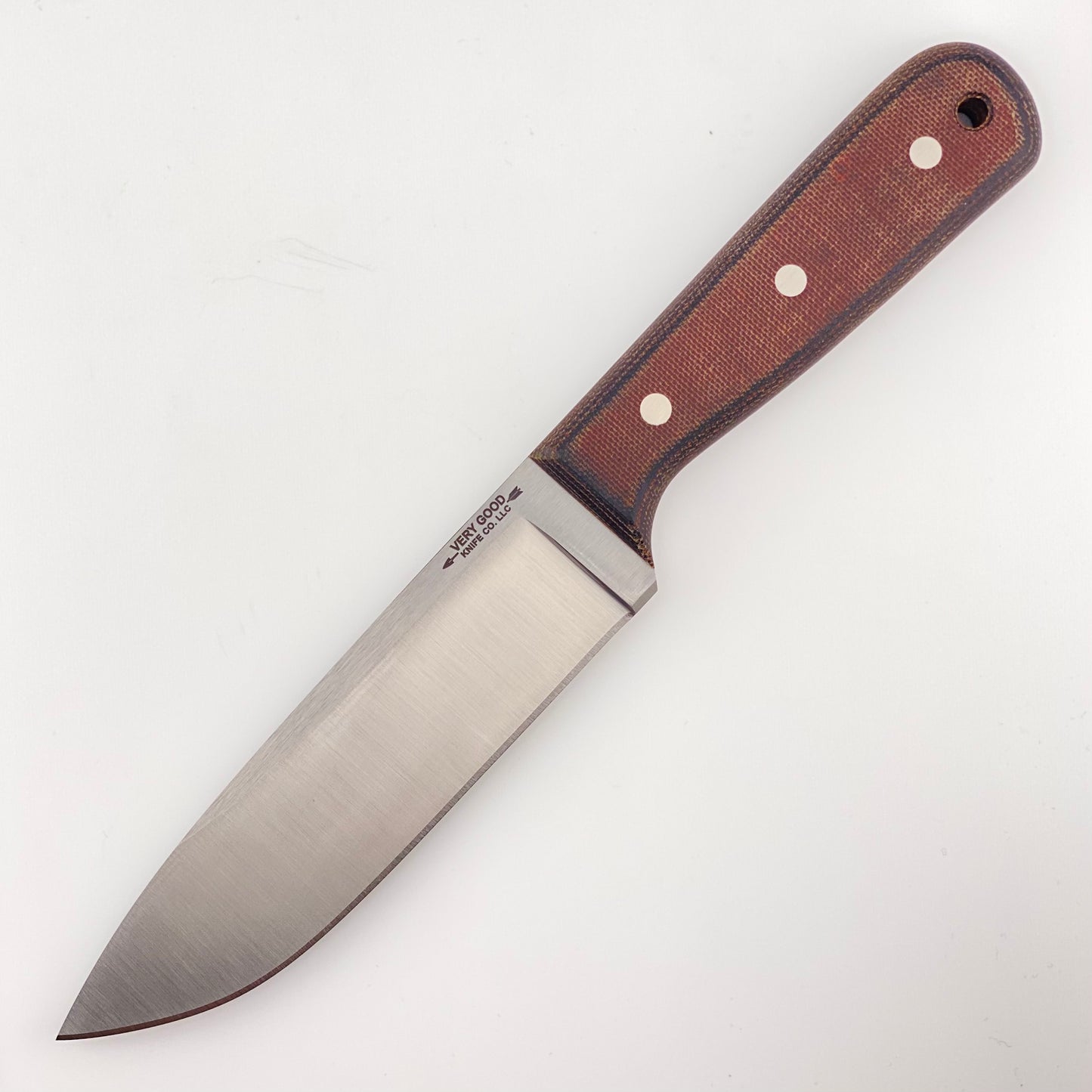 Fixed blade knife with orange and black handles on a white background