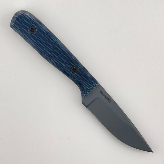 Gray fixed blade knife with denim blue handles on a white background